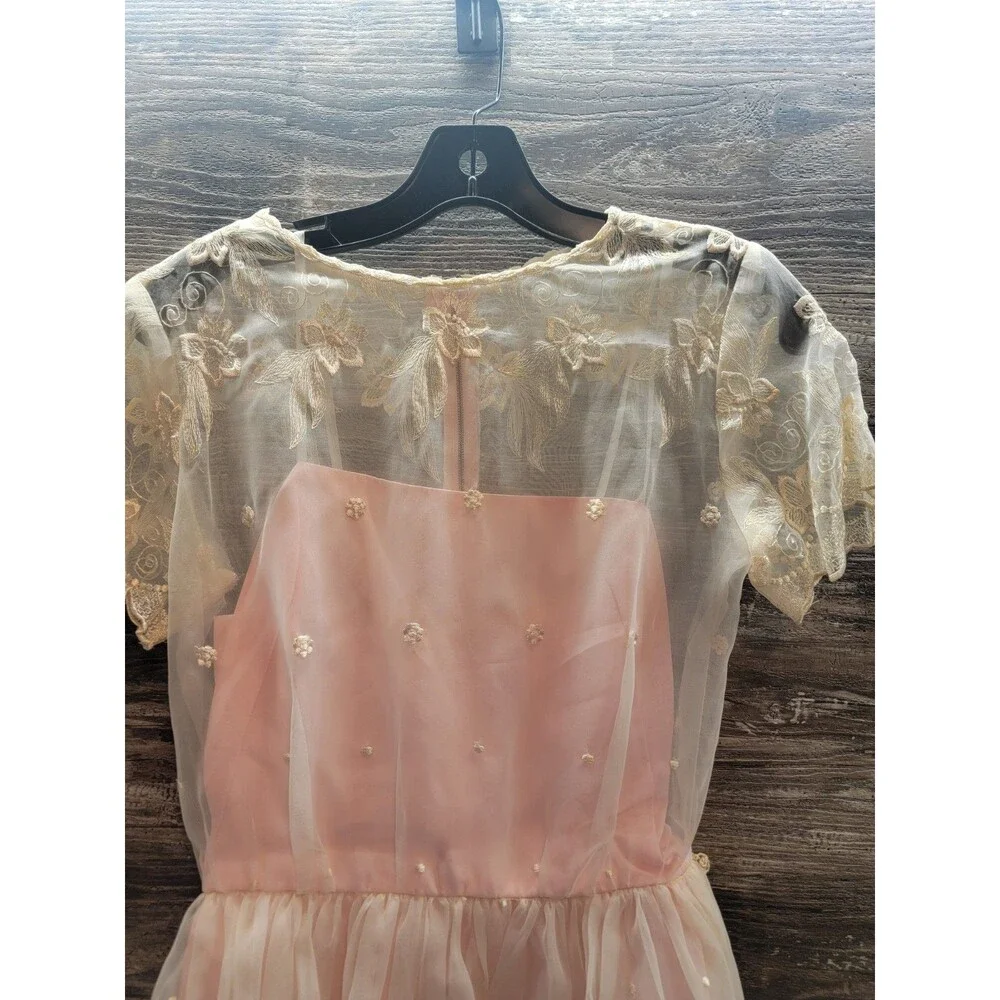 VTG 70s Party Tea Dress Women  Bridesmaid Chiffon Peach White Coquette